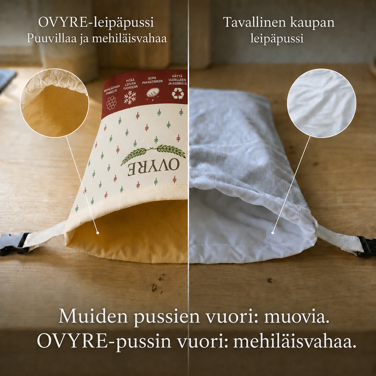Ovyre-mehiläisvahapussi leivän säilytykseen