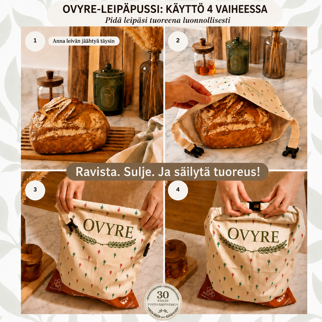 Ovyre-mehiläisvahapussi leivän säilytykseen