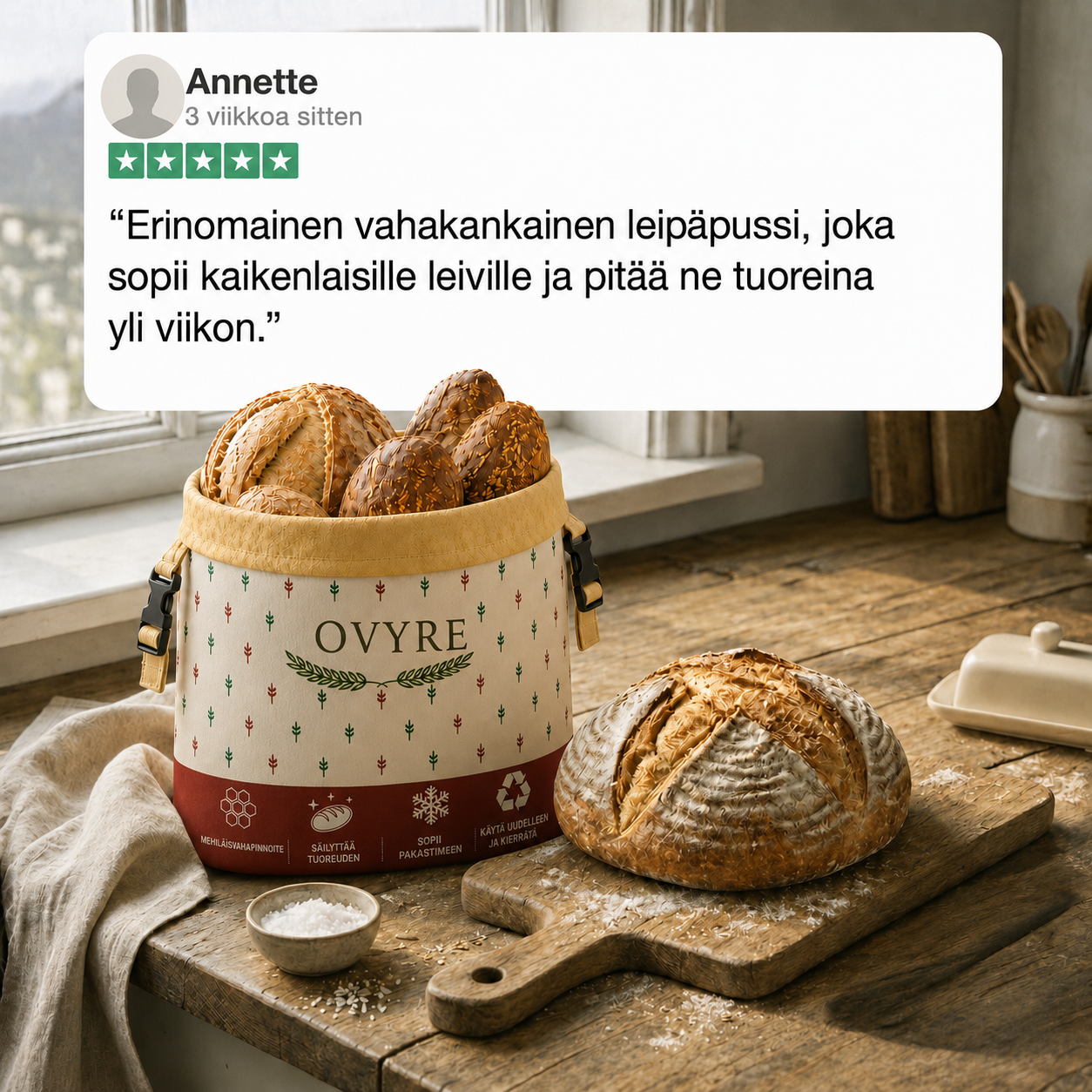 Ovyre-mehiläisvahapussi leivän säilytykseen