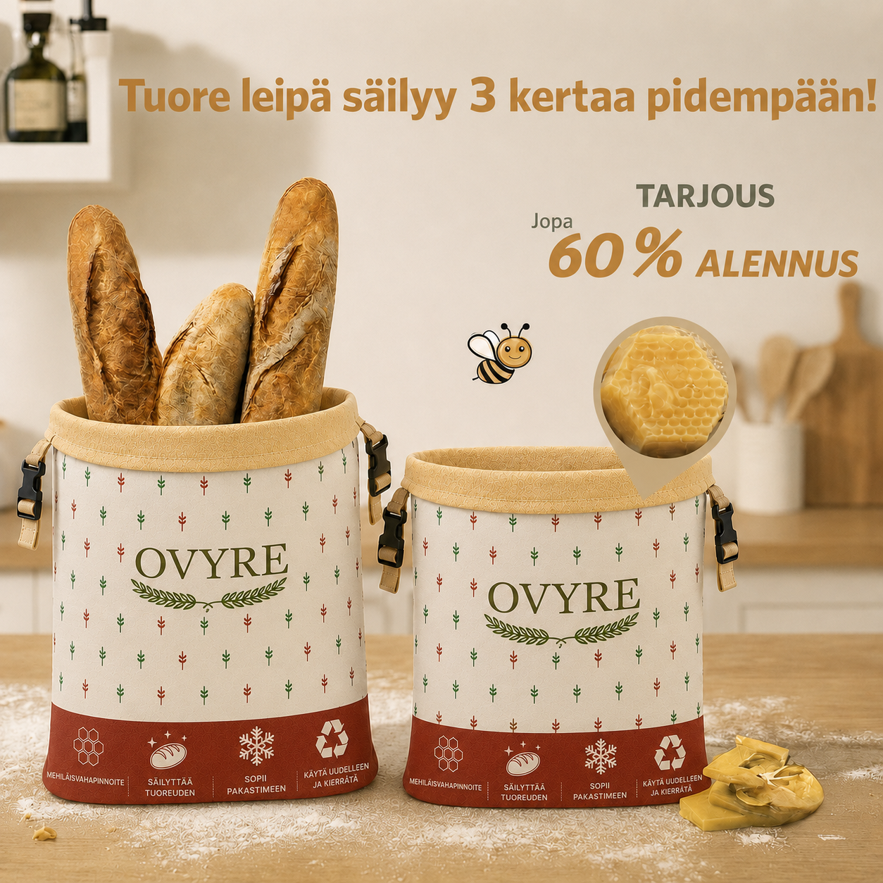 Ovyre-mehiläisvahapussi leivän säilytykseen